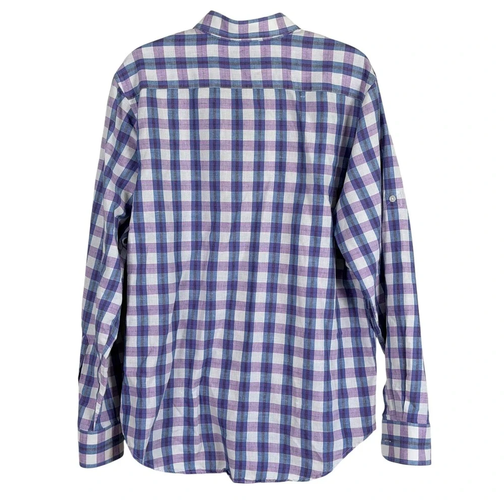 Banana Republic Linen Blend Button Up Shirt Mens L Purple Plaid Roll Tab Sleeve